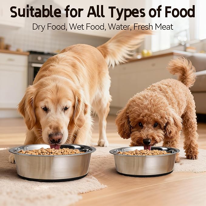 Stainless Steel Dog Bowls, Non Slip Dog Metal Bowls, 2 Pack Food and Water Pet Feeders Heavy Duty Dishwasher Safe (64oz, 8cup)