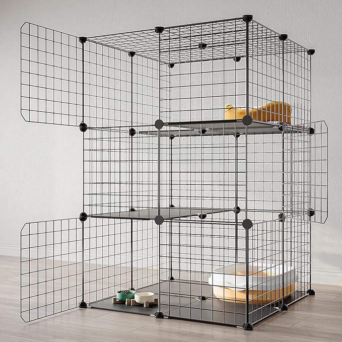 3-Tier Cat Cage Indoor Enclosure DIY Cat Playpen Catio Detachable Metal Wire Kennels 2Lx2Wx3H Crate Large Exercise Place Ideal for 1-2 Cats, Black