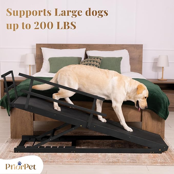 Dog Ramp for Bed with Safety Rails for High Beds up to 37" – Extra Wide 19.5" Adjustable Dog Bed Ramp for Large Dogs up to 200 lbs – Solid Birchwood, Non-Slip Rubber Surface, Foldable Design – Black