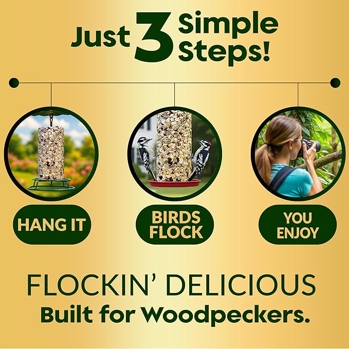 Woodpecker Bird Seed Cylinders with Hole – Premium Woodpecker Food Blend with Sunflower Chips, Peanuts & Suet – Natural High Energy Bird Seed, No Filler, No Shell, No Mess – USA Made (6" x 7.75")