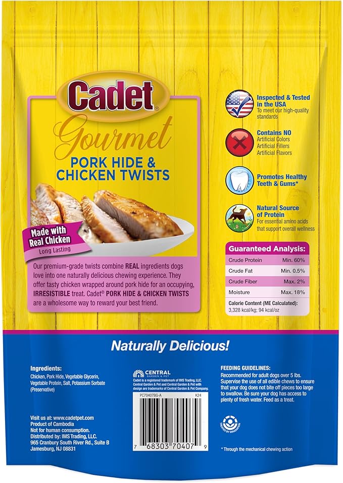 Cadet Gourmet 5-Inch Pork Hide Twist Chew Sticks, Long-Lasting and Natural Rawhide Chews for Dogs, Inspected & Tested in USA, Chicken Flavor, 22 Count