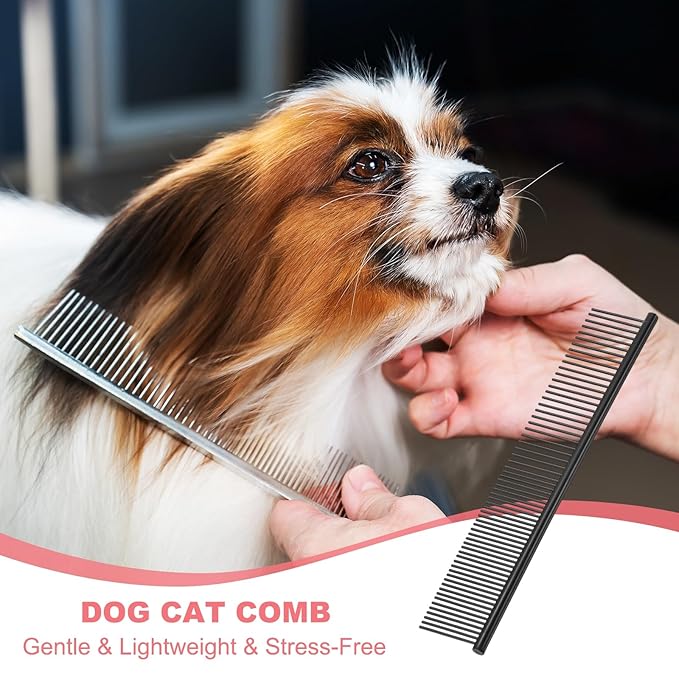 Dog Cat Comb, Pet Combs Stainless Steel Teeth with Rounded Ends for Knots Mats Loose Hair Removal, 6.5/7.5IN (Black Coated, 2 Pack), Grooming Tool Intended for Long Curly Hair Pet