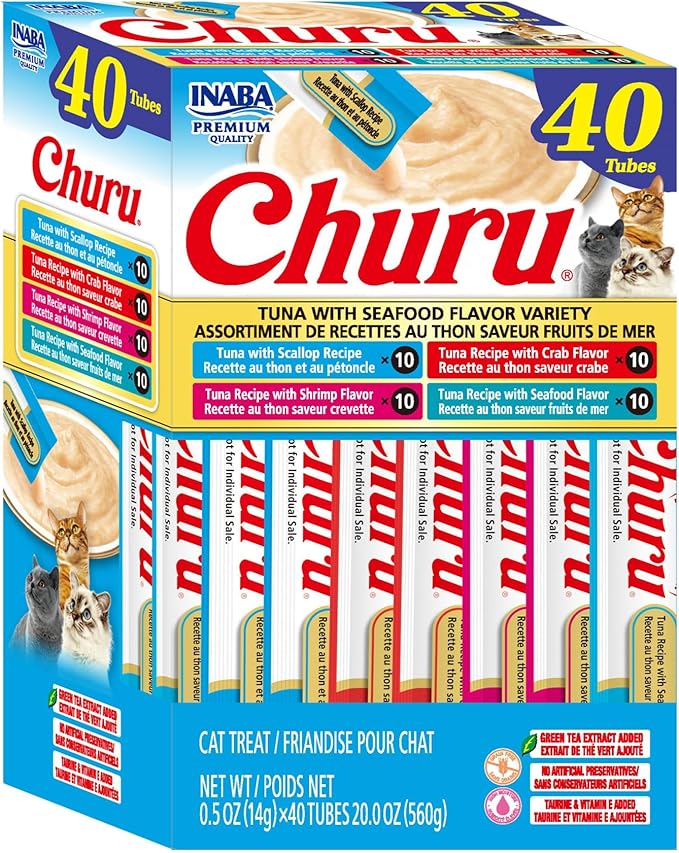 INABA Churu Cat Treats, Lickable, Squeezable Creamy Purée Cat Treat with Green Tea Extract & Taurine, 0.5oz. Each Tube, 40 Tubes, Tuna with Seafood Flavor Variety