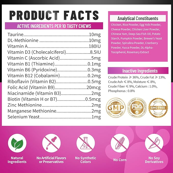 Taurine for Cats Vitamins Treats, 15 in 1 Cat Multivitamin Support Skin, Joint, Digestion & Immune Supplement, 500 Crunchy & Creamy Chews with Essential Vitamins for Cats of All Ages (90-Day Supply)