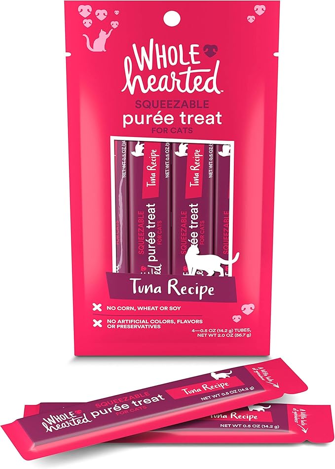 WholeHearted Cat Treats, Tuna Recipe Squeezable Purée, 4 Tubes, 0.5 oz Each