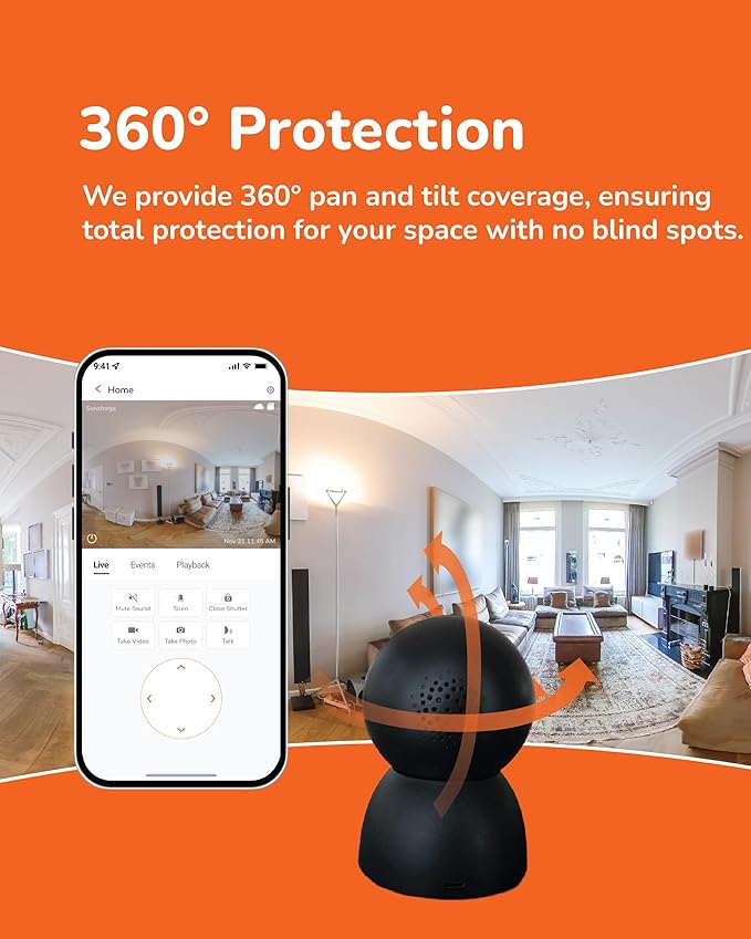 Sensforge 2.5K Indoor Pan-Tilt Dome Security Camera, AI Human & Pet Detection, 360° Coverage, Two-Way Audio, Dual-Band Wi-Fi (2.4G/5G), 64GB SD Card Included, No Monthly Fees (1, Black)