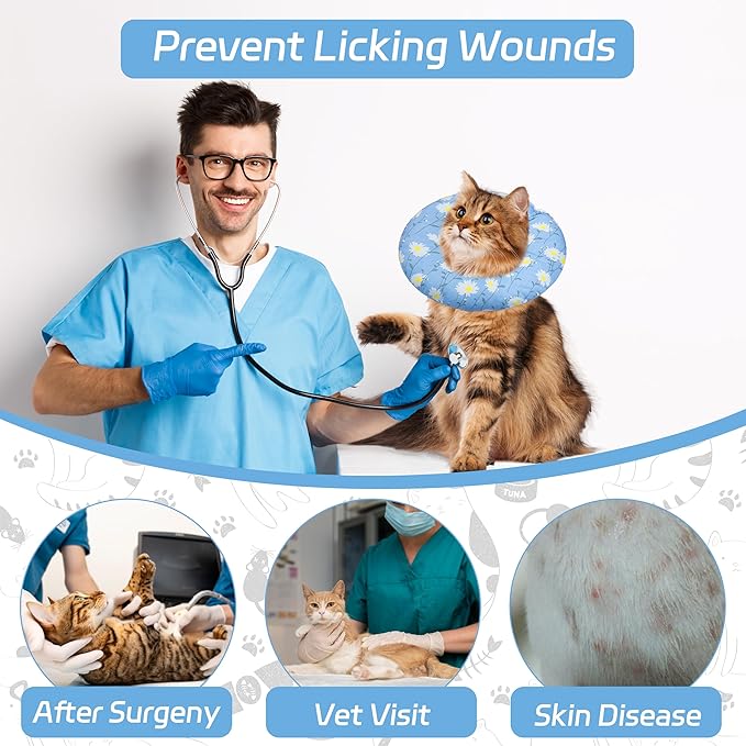 Cat Cone Collar Soft, Adjustable Cat Recovery Collars Kitten Cones to Stop Licking, Cute Donut E Collar After Surgery, Wound Healing Elizabethan Collar for Kitten(Blue Daisy, Large)