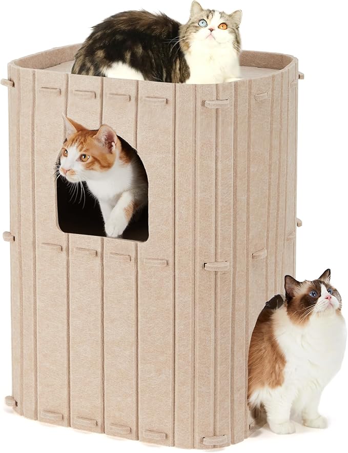 FUKUMARU Cat House for Indoor Cats, 23.62 Inch Large Cat Bed Cave Condo, 2-Storey Cozy Felt Covered Cats Tunnel Kitten Hideaway for Multicats, Scratch Resistant, Beige