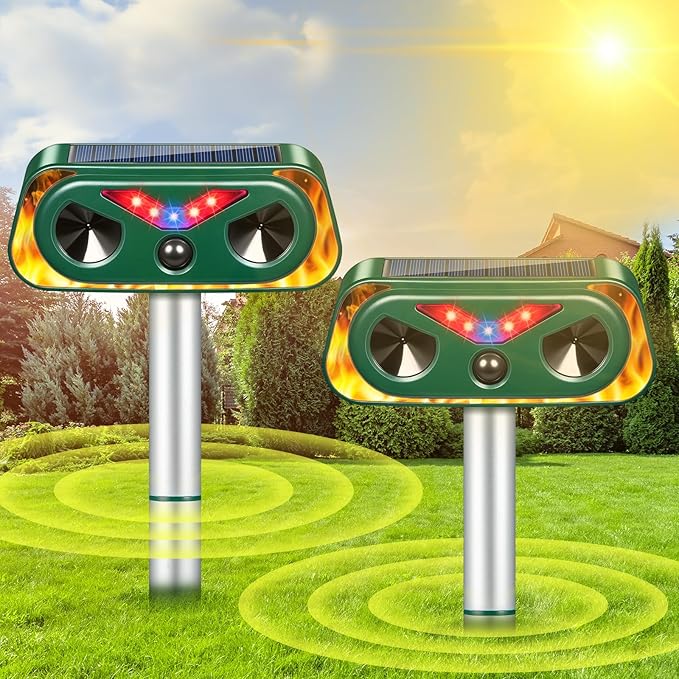 2026 Solar Ultrasonic Animal Repellent Outdoor Cat Squirrel Racoon Fortress Pro with Flashing Lights & Motion Sensor Animal Deterrent Devices for Deer, Rabbit, Fox, Skunk Repellent for Yard Garden