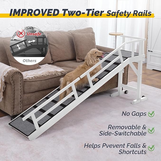 Dog Ramp for Bed or Couch, Wooden Pet Ramp with 20° Gentle Slope, Removable Side Rails, Non-Slip Surface, Top Platform & Wheels, Safe Bed Ramp for Small, Large & Senior Dogs, 74" Long, White