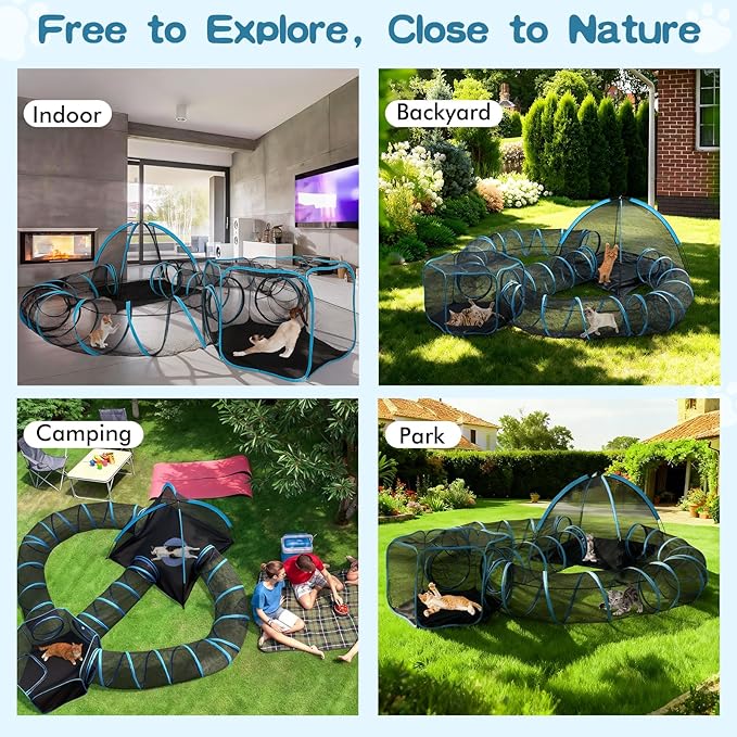 Outdoor Cat Enclosure, 5-in-1 Cat Tent Outdoor Pet Playpen with Tunnel, Portable Catio Play Pen for Outside and Indoor cat Enclosure with Storage Bag for Kitty and Small Animals