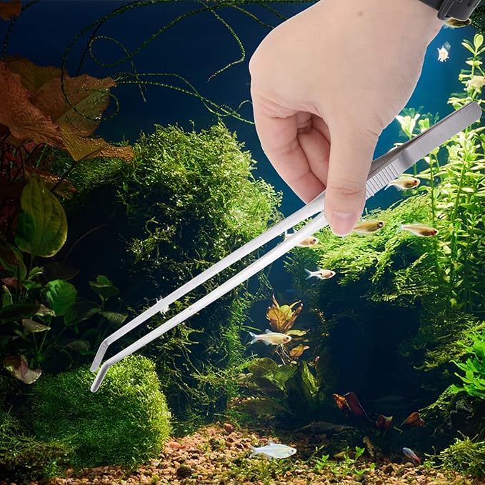 POPETPOP Stainless Steel Curved Tip Aquatic Plant Tweezers for Fish Tank Ergonomic Design for Easy Trimming of Foreground Plants Resistant Tongs for Aquarium Use