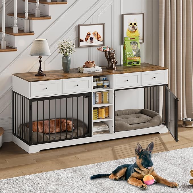 GAOMON Dog Crate Furniture for 2 Dogs, 82'' Large Dog Kennel Indoor with 4 Storage Drawers and 4 Shelves, Double Dog Crate TV Stand for Medium and Large Dogs, White