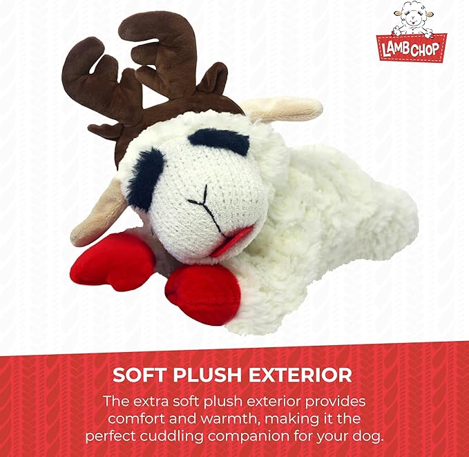 Multipet Lamb Chop Dog Plush Toy w/ Holiday Antlers - Squeaky Toy for All Dogs - Extra Soft Plush - Stuffed Animal for Cuddling & Playing (6”, Cream/Brown)