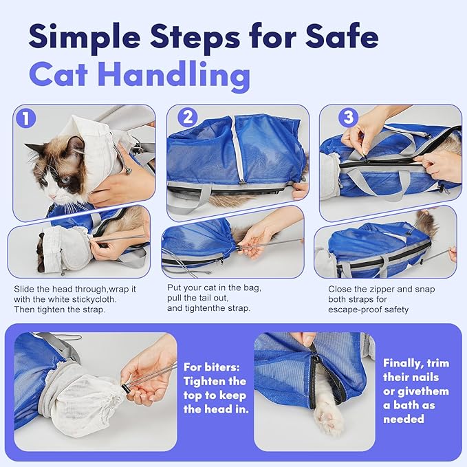 Cat Bathing Bag Anti Scratch Bite Breathable Mesh - Adjustable Cat Grooming Bag for Nail Trimming, Injections, Medication, Dental Care, Vet Visits, Cats Shower Bag with Zippers,Blue