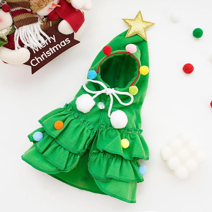 Dog Christmas Outfit Green Pet Cloak with Hat with Star and Pompoms Puppy Cape Clothes Xmas Tree Elf Costumes Party Pet Supplies Accessories for Dogs Big Cats Santa Presents