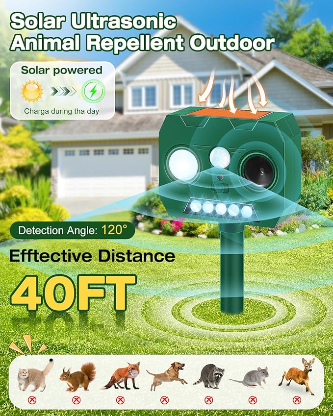 Solar Ultrasonic Animal Repellent Outdoor, 4 Pack Cat Repellent Outdoor Deer Repellent Devices with PIR Motion Sensor ＆ LED Flash, Waterproof Squirrel Repeller, Cat, Raccoons, Rabbits, Deer, Skunk