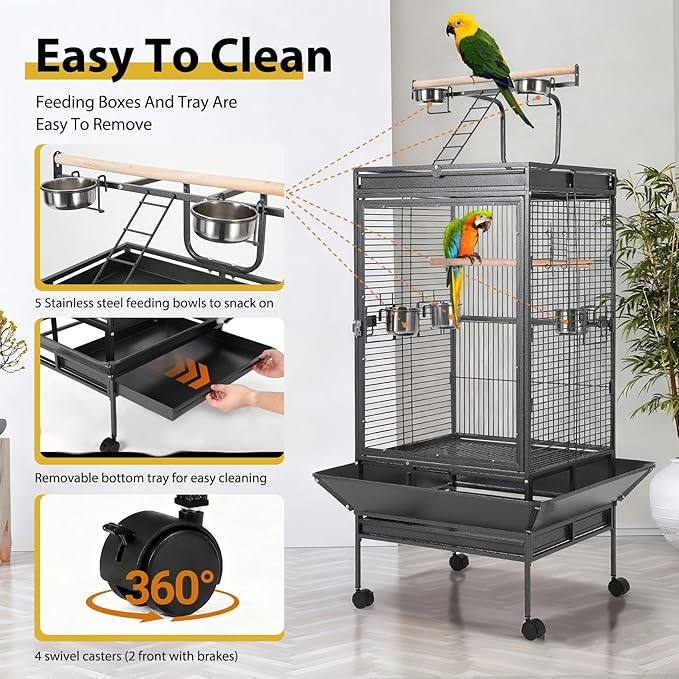 Heavy-Duty 68'' Wrought Iron Parrot Cage – Acrylic Door, 360° Rolling Stand, Perches, Stainless Steel Bowls, Escape-Proof, Easy Clean – Spacious Aviary for Macaws, Cockatoos, African Greys,