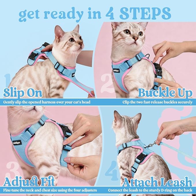 rabbitgoo Cat Harness and Leash for Walking, Escape Proof Soft Adjustable Vest Harnesses for Cats, Easy Control Breathable Reflective Strips Jacket, Light Blue&Pink, XS