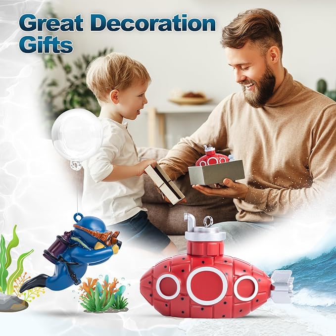 CousDUoBe 2.1 in Mini Floating Submarine Fish Tank Decoration Set，Cute Retro Submarine Set and Floating Diver,Aquarium Decorations Resinous Betta Fish Tank Accessories