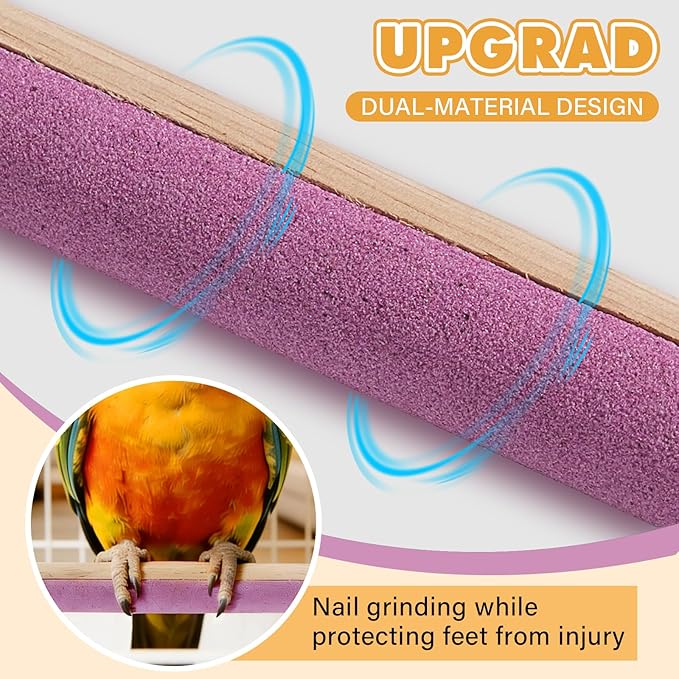 2pcs Wooden Bird Perch, Parrot Cage Perches with Grinding, No Hurt Foot Claw Grinding Bird Stand for Cockatiels, Parakeets, Lovebirds