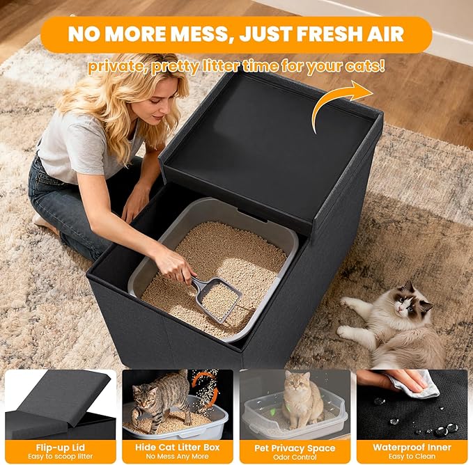 3-in-1 Cat Litter Box Enclosure with Odor Control, Multi-Functional Hidden Litter Box Furniture Bench, Dog Proof, Space-Saving Ottoman Cabinet with Flip-Up Lid, Storage Footrest, Dark Grey