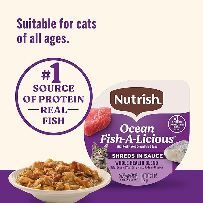 Nutrish Grain Free Wet Cat Food Ocean Fish-A-Licious Whole Health Blend with Real Flaked Ocean Fish & Tuna in Sauce, 2.8 oz. Cup (Rachael Ray) (Pack of 12)