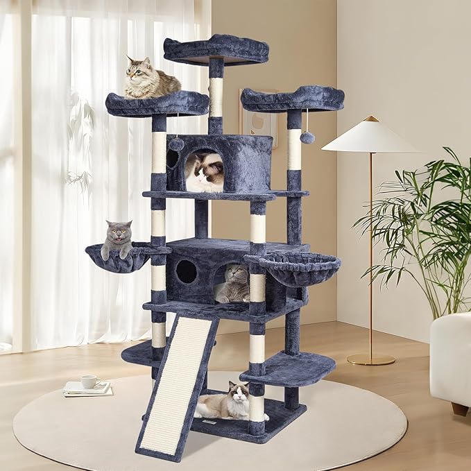 VEVOR Cat Tree for Indoor Cats, 68.5" Cat Tower with 2 Cat Condos, Sisal Scratching Post, Hammocks, Top Perches, Jumping Platforms and Ramp, Cat Furniture Activity Center with Hang Balls, Dark Grey