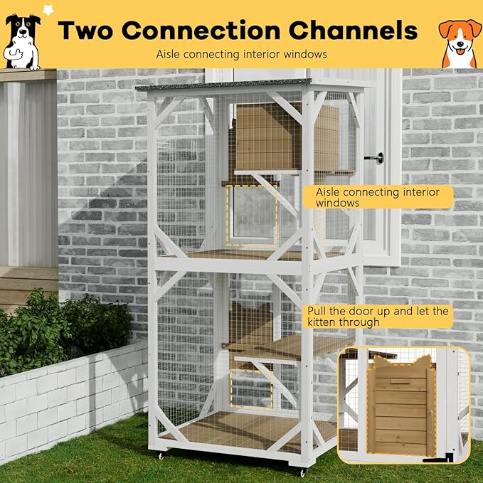 OFIKA Cat House Catio Outdoor Enclosure with Waterproof Roof,71'' cat House & Condos on Wheels for Outdoor Patio,Cat Window Box,Scratching Post（White）