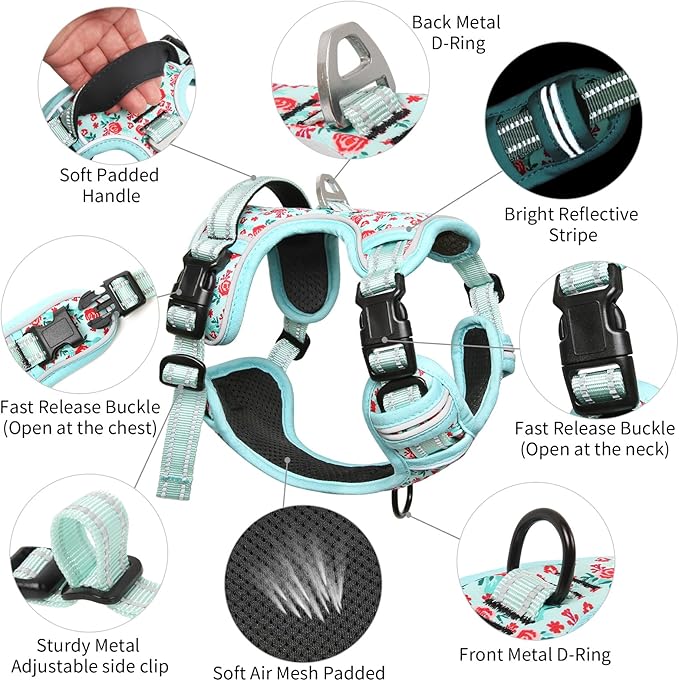 Timos No Pull Dog Harness, Release at Neck Reflective 3 Snap Buckles Adjustable No Choke Pet Vest with Front & Back 2 Leash Clips, Soft Padded Control Training Handle for Small Medium Large Dogs