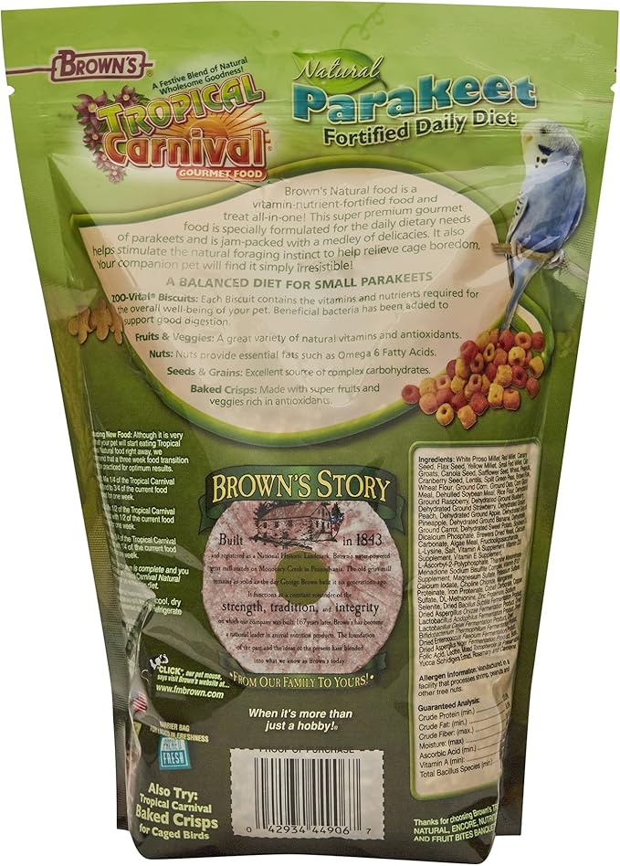 F.M. Brown's Tropical Carnival Natural Parakeet Food, 2-lb Bag - Vitamin-Nutrient Fortified Daily Diet with NO Artificial Colors or Flavors