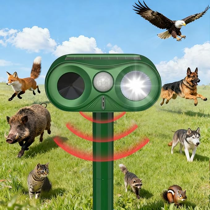 Upgraded Ultrasonic Animal Repeller,Solar Powered Cat Repellent Outdoor,Deer Deterrent with LED Flashing Motion,Sensor and Sound,Waterproof Bird Repeller for Rabbit,Fox,Squirrel,Olive