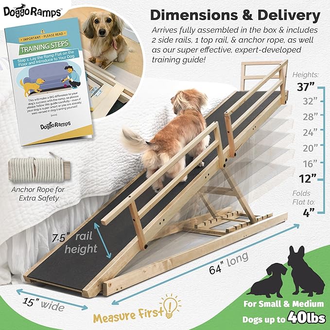 Dog Ramp for Bed, by DoggoRamps – Solid Hardwood Dog Ramp for High Beds (Adjustable up to 37" Tall) with Side Rails & Non-Slip Grip – Ramps for Small Dogs Like Dachshunds – 100% Made in North America