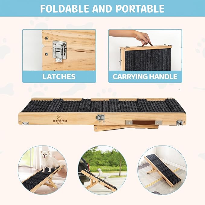 Medium Dog Ramp for Bed and Couch Wooden Adjustable Pet Stairs for Dogs and Cats 34.6" Non Slip Foldable Ramp with 5 Height Settings 13.6"-21.5" for Puppies, Pets, Indoor Outdoor Use