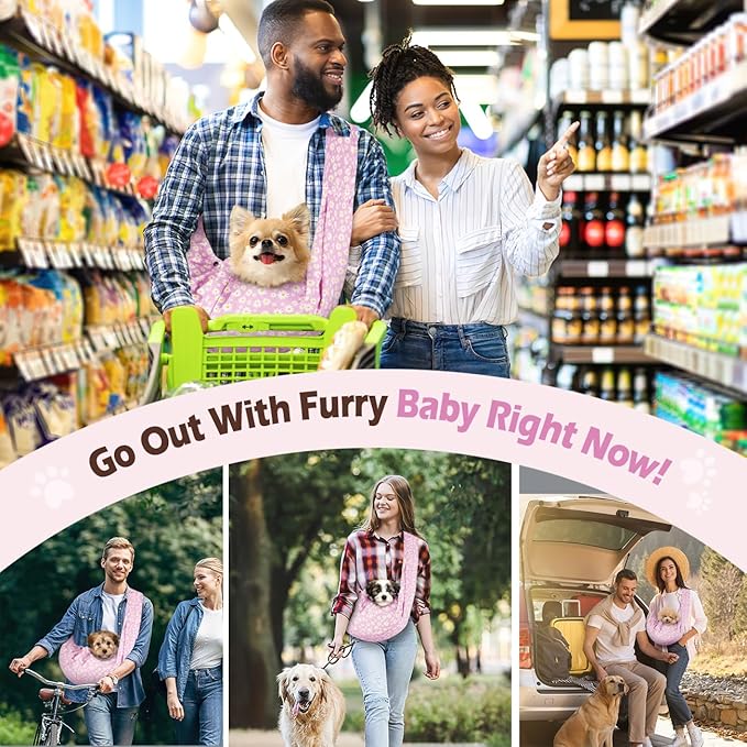 Pawaboo Small Dog Sling Carrier, Reversible Hands Free Dog Sling Carriers for Small Dogs and Cats, Puppy Slings Carrier with Safety Harness, Puppy Essentials, Pink Daisy