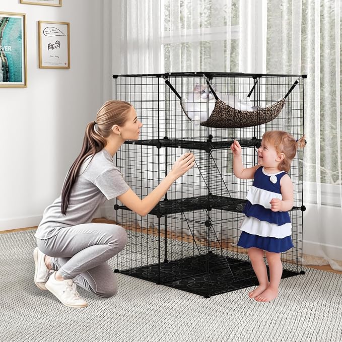 PETSITE 3-Tier Cat Cages Indoor, Metal Wire Cat Enclosure with Extra Large Hammock, 2 Ladders, and 4 Lockable Doors, Detachable Indoor Cat Catio Kennel for 1-3 Cats Kitten, Anti-toppling Kits Included
