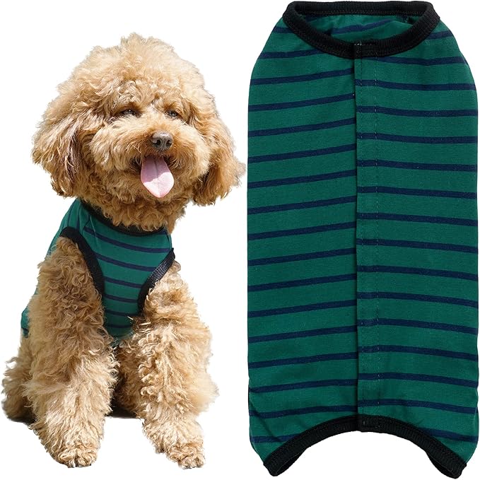 Dog’s Recovery Suit Post Surgery Shirt for Puppy, Wound Protective Clothes for Little Animals(Green Black Stripe-m)