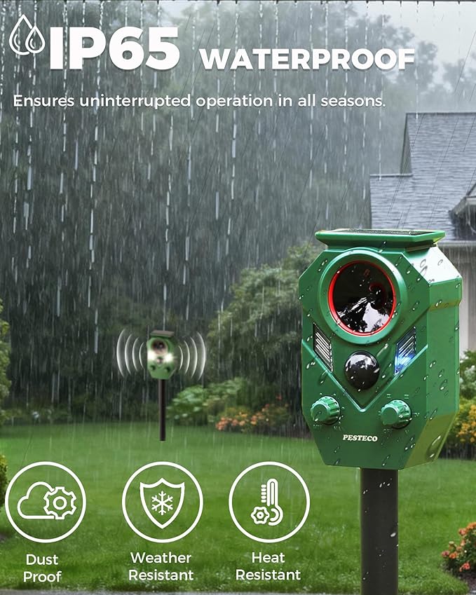 Solar Animal Repellent Outdoor, Ultrasonic Cat Repellent Outdoor, IP65 Waterproof Deer Repellent Deterrent Squirrel Racoon Skunk Rabbit, Dog Repellent for Yard Garden Lawn with PIR Sensor