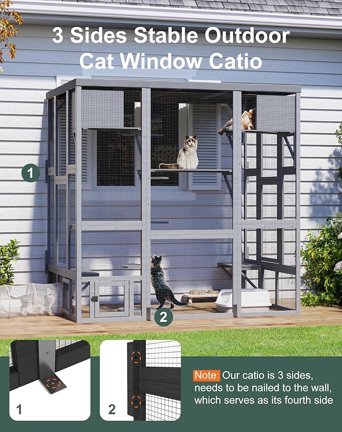 Catio Outdoor Cat Enclosure Window, Large Walk-in Window Catio with Cat House, Multi-Level Platform, Scratching Post and Waterproof Cover, Outdoor Kitty Cage for Multiple Cats, Grey