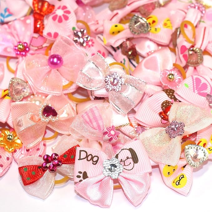 50pcs Dog Hair Bow Bowknot, Dog Bows Cute, Puppy Hair Bows Rhinestones Pearls Flowers Mix Styles Pet Grooming Rubber Bands Dogs Hair Accessories Handmade Hair Bows for Yorkie Puppy Dogs