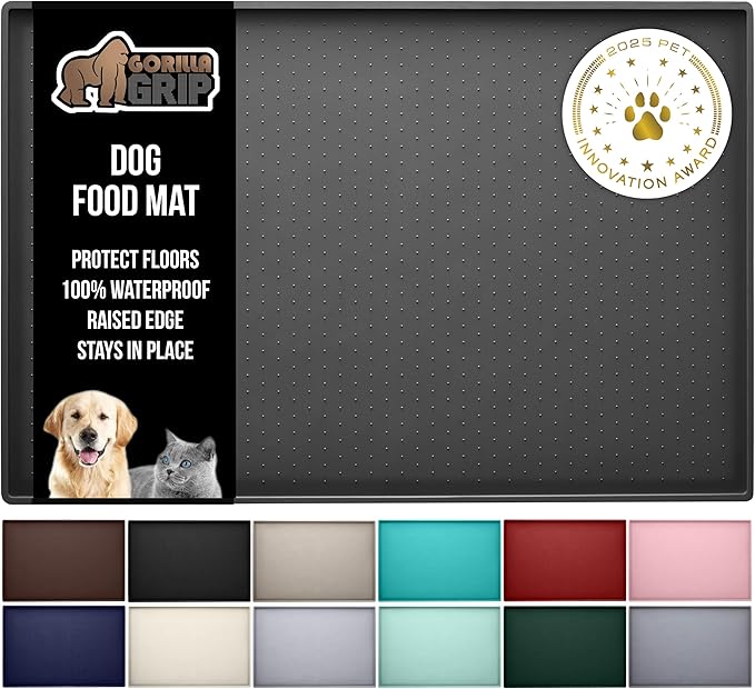 GORILLA GRIP 100% Waterproof Raised Edge BPA Free Silicone Pet Feeding Mat, Dog Cat Food Mats Contain Spills Protects Floors, Placemats for Cats and Dogs Water Bowl, Pets Accessories 28x18 Charcoal