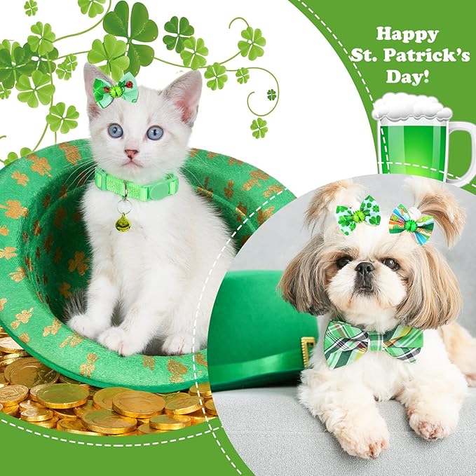 Tondiamo 100 Pack St. Patrick's Day Dog Hair Bows with Rubber Bands St. Patrick's Day Puppy Bows Rhinestone Pet Hair Accessories Dog Bows Grooming for Small Girl Dogs (Shamrock Pattern)