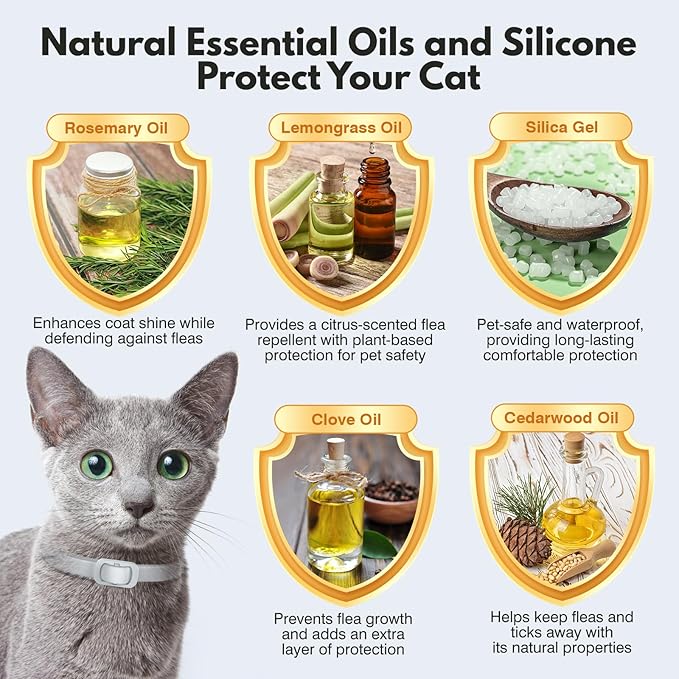 Natural Flea and Tick Collar for Cats – 4 Pack, Long-Lasting Protection, Waterproof, Adjustable Size for Kittens and Adult Cats