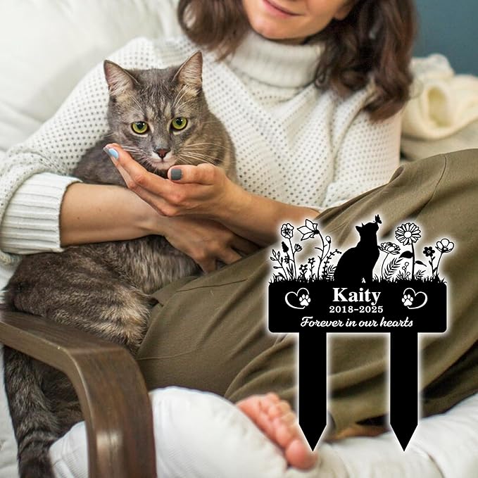 Custom Cat Grave Marker Outdoor | Personalized Pet Memorial Stone with Engraved Name & Lifespan Dates | Perfect Garden or Yard Tribute for Pet Loss | Durable Weatherproof Metal Material