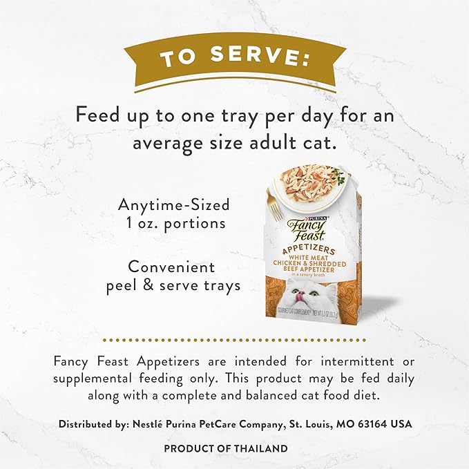 Fancy Feast Purina Appetizers Lickable Grain Free Cat Food Topper White Meat Chicken and Shredded Beef Appetizer - 1.1 oz. Trays,(Pack of 20)