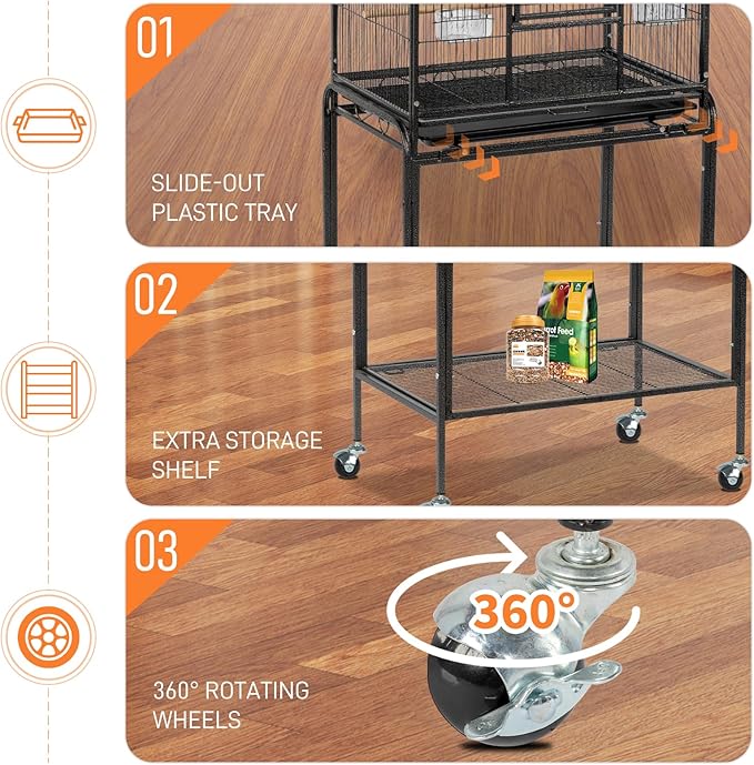VINGLI Bird Cage with Wheels, Durable Wrought Iron Parakeet Cage with Slide Out Tray, Black Bird Cages for Parakeets/Lovebird/Cockatiels/Budgies and Other Small/Medium Birds (Large-53 inch)