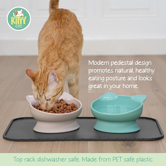 Kitty City Elevated Cat Bowls (Set of 2), Whisker-Friendly Raised Cat Food & Water Dishes, Modern Pedestal Design, Dishwasher Safe, 10.8 oz Each – Pink & Teal