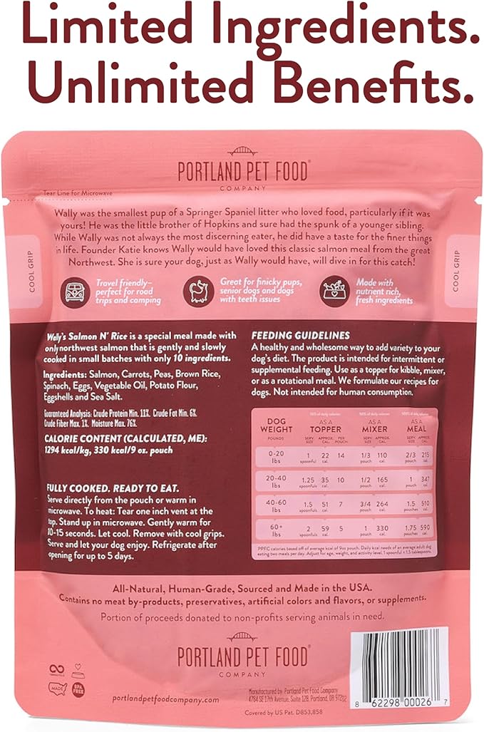 Portland Pet Food Company Fresh Dog Food Pouches Human-Grade Toppers Wet Pet Meal & Mix-Ins - Gluten-Free Limited Ingredient Wally’s Salmon N’ Rice - Large & Small Breed, Puppy to Senior - 5 Pack