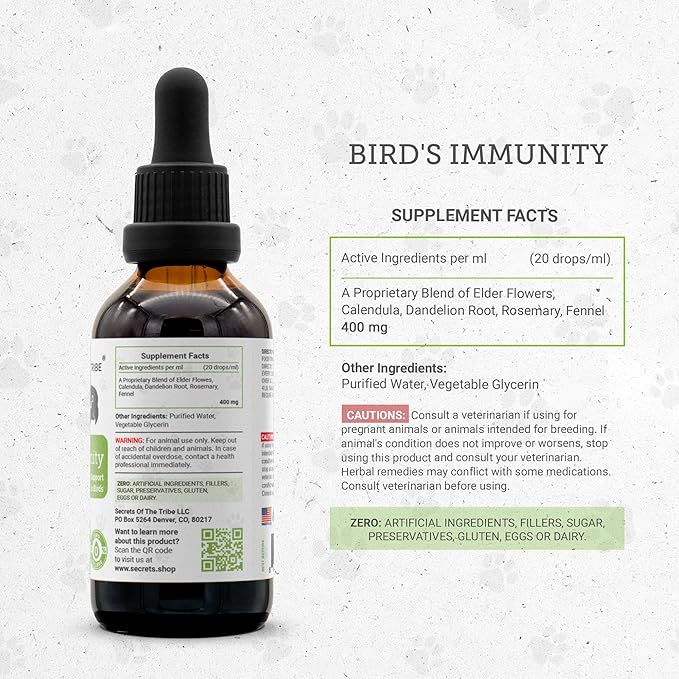 Birds Immunity | Natural Herbal Dietary Pet Supplement for Birds | Immune Support | Alcohol-Free Extract, Elder Flowers, Calendula, Dandelion Root, Rosemary, Fennel 2 oz