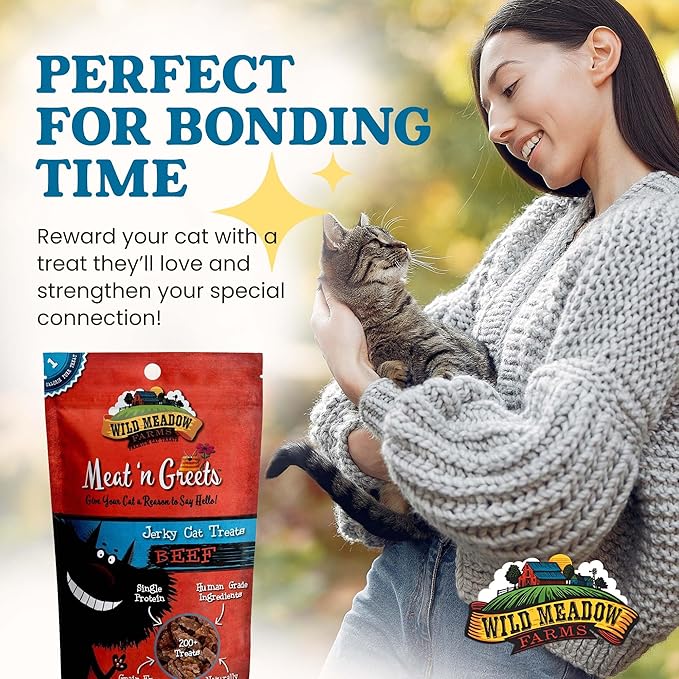Wild Meadow Farms - Cat Treats - Meat 'N Greets - Soft Jerky Treats with Real Meat, High Protein, Grain-Free, Perfect for Training & Rewarding, All Natural Snacks for Cats - Beef Flavor